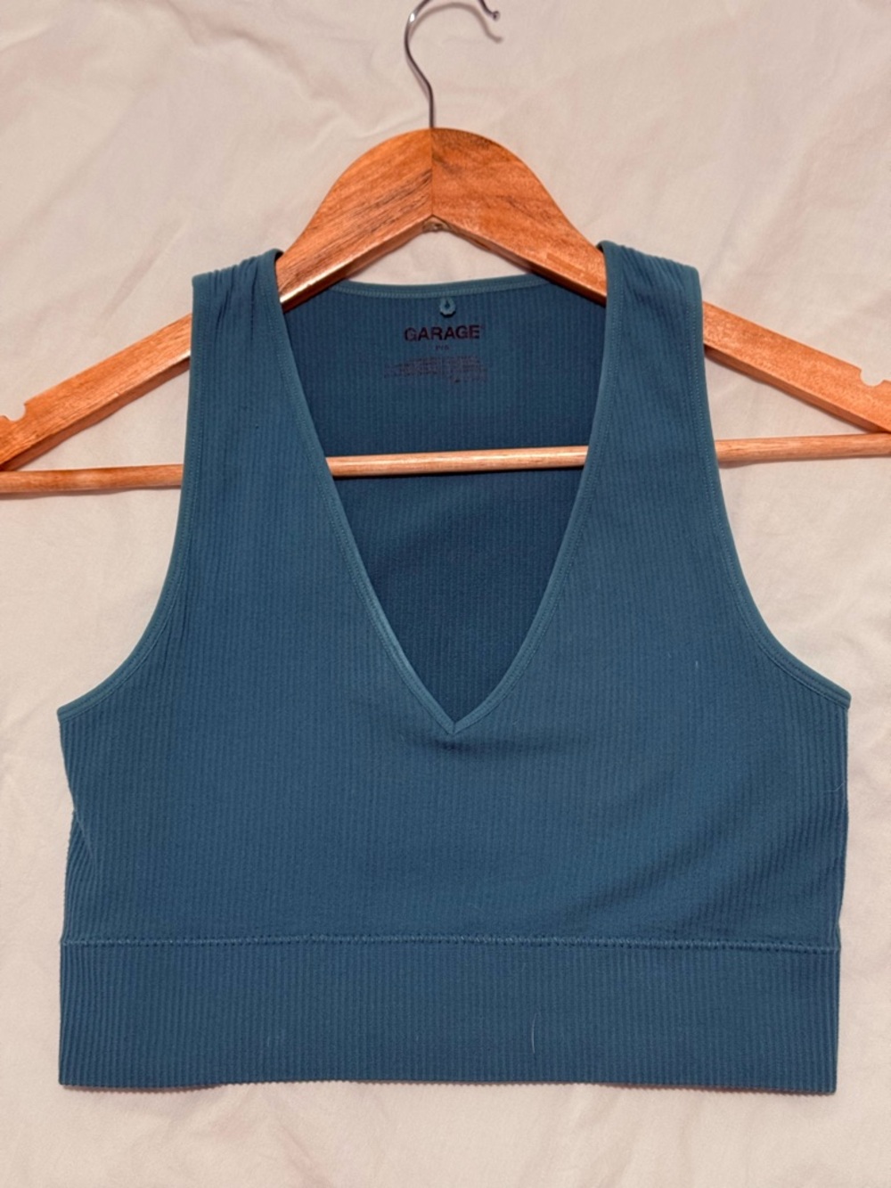 Garage Ribbed V-Neck Crop Tank in Dusty Teal